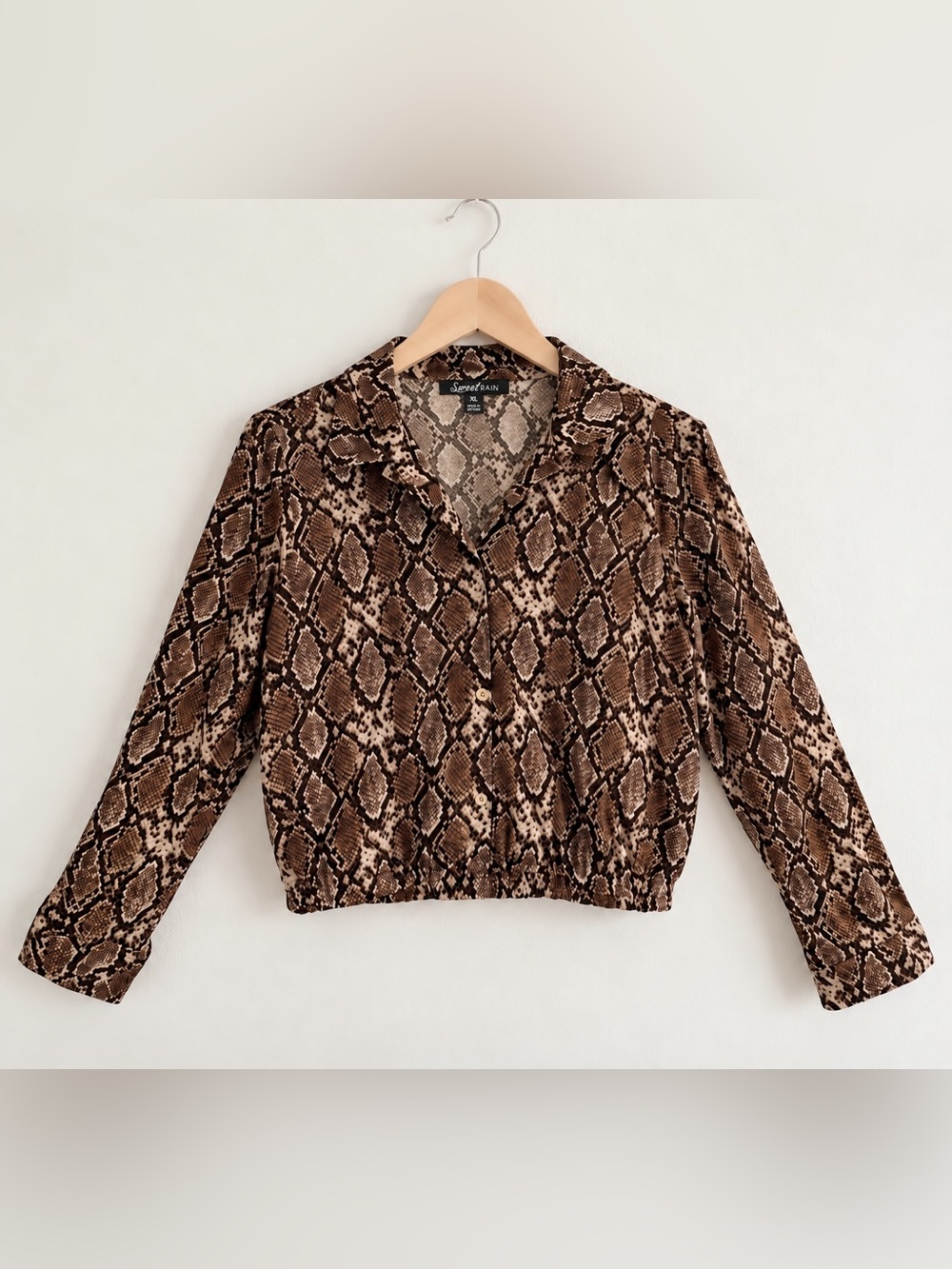 Sweet Rain Women's Snake Print Blouse Brown Collared Long Sleeve Button XL